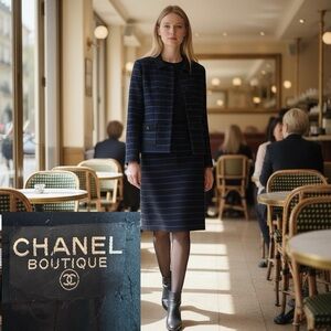 1990's Chanel Boutique Wool Black Blue Striped Jacket Skirt Set Lion Head Button